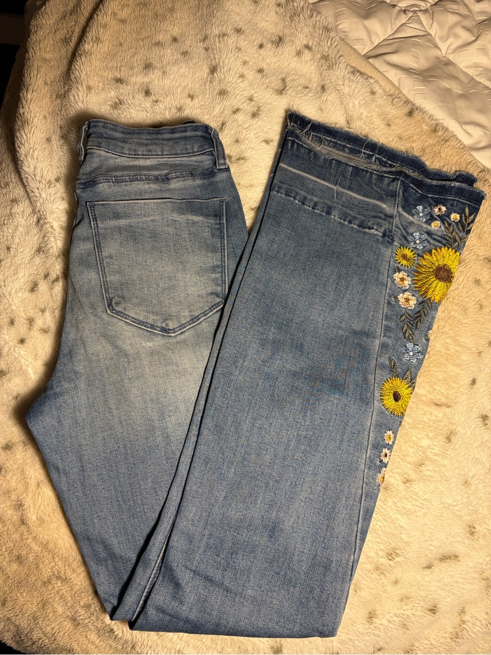 Ashley Mason Light Blue Flare Jeans with Sunflower Embroidery